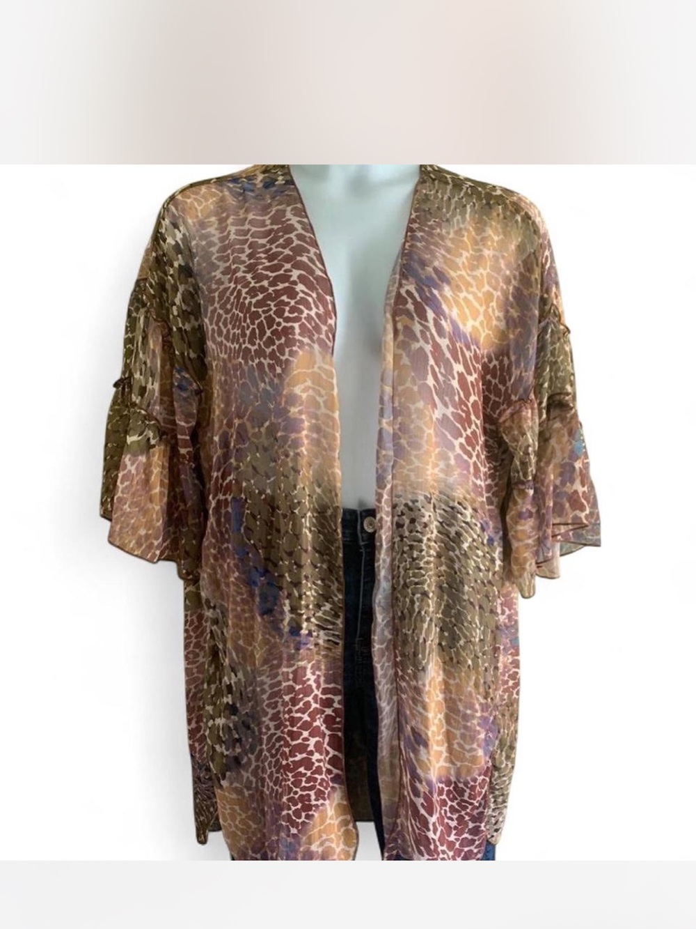 Boho Fairy Democracy Sheer Animal Print Kimono - Olive Brown Multi